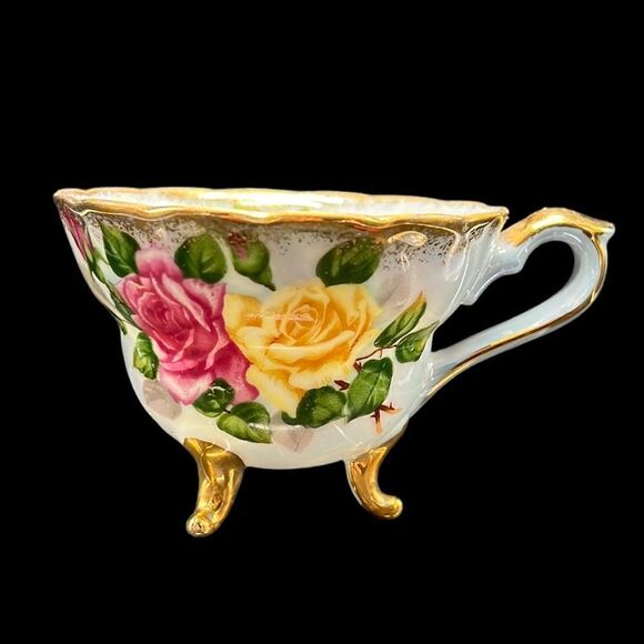 Vintage Napco Teacup Blue Gold Trim Porcelain Hand Painted Flowers Rose Footed - Picture 1 of 10